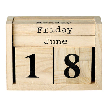 Natural paulownia wood perpetual calendar with changeable day, month, and date blocks