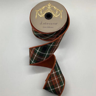 Brown tartan plaid ribbon with wired edges and dupion backing in 2.5 inch wide by 10 yards long