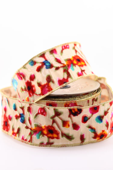 Floral ribbon with a gold edge on a white background