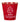 Red metal Christmas pot cover with a white tree, Merry Christmas lettering, gold-tone rim, and tapered shape.