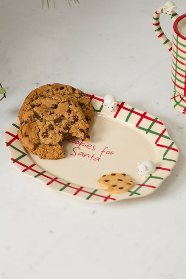 Cookies for Santa ceramic Christmas platter with hand-painted red and green plaid border, raised white mice, and chocolate chip cookie detail.