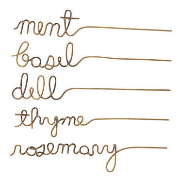 Set of 5 gold script wire herb garden markers for mint, basil, dill, thyme, and rosemary