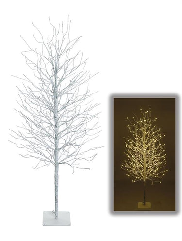 4-foot white twig tree with 336 warm white LED lights, shown lit and unlit