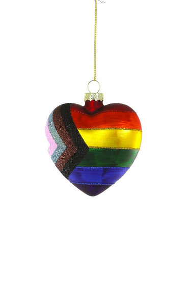 Cody Foster Pride Heart glass ornament with rainbow stripes, Progress Pride-inspired side accents, glitter trim, gold cap, and hanging cord.