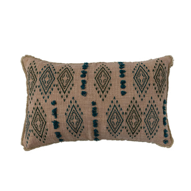 Natural cotton lumbar pillow with teal geometric embroidery and fringe trim, 24 x 14 inches
