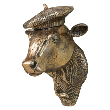 Cast Aluminum Cow Head with Beret Wall Décor, Antique Gold Finish