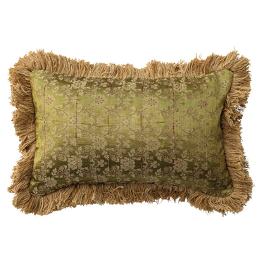 Olive green and gold jacquard brocade lumbar pillow with fringe trim and velvet back, 16 x 10 inches