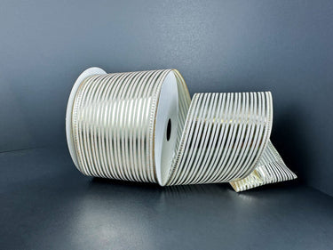 Champagne metallic ribbon with vertical gold foil stripes on ivory sheer base