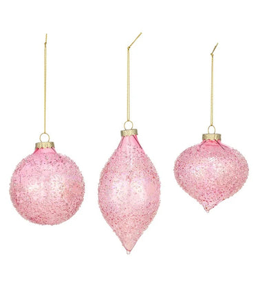 Embossed Iridescent Pink Glass Ornaments (3 Assorted) 3.75"H x 3.25" Dia, 4"H x 3.25"Dia, 5.25"H x 2.75"Dia