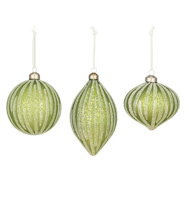 Green Glitter Stripe Glass Ornament (Set of 3) 4"H x 4"Dia, 4.5"H x 4"Dia, 6"H x 3.5"Dia