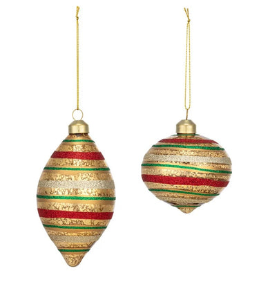 Gold Red/Green Stripes Ornament, Glass (Set of 2) 3.5"H x 3.25"Dia, 5.25"H x 2.75"Dia