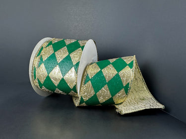 Green and gold checkered ribbon on a gray background