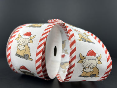 Christmas Highland cow ribbon with Santa hats and red white candy cane stripe edges