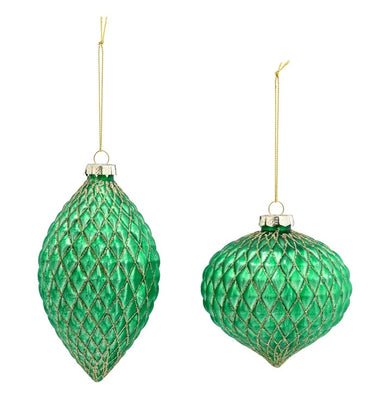 Green/Gold Mesh Ornament, Glass (Set of 2) 3.5"-5.25"H x 3" - 4"Dia