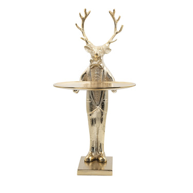 Gold cast aluminum deer butler tray with antlers, 20 inches tall.