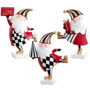 Three red, black, and white checkered Santa figurines