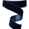 Roll of navy blue velvet ribbon with a coordinating satin backing and wired edges, measuring 1.5 inches wide by 10 yards long.