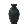 A small black ceramic vase with a textured matte finish and a short flared neck, centered on a plain white background.