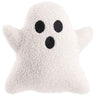White 10.5-inch ghost-shaped Halloween pillow with a soft textured finish, raised arms, and embroidered black eyes and mouth