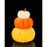 velvet pumpkin stack decor with three soft pumpkins in orange yellow and cream fall tabletop decoration