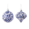 Blue and white chinoiserie glass ornaments, 100mm ball and onion styles, set of 2