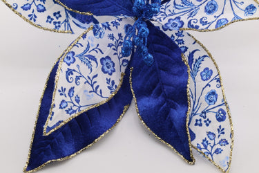 Blue & White Chinoiserie Velvet Glitter Clip On Poinsettia Stem, 10"Dia x 4"H