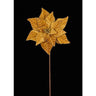 Gold velvet poinsettia stem with wired petals and glitter center, 11.5-inch diameter
