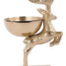 Gold aluminum jumping deer decorative bowl with detailed antlers and an integrated round bowl, measuring 11.5 inches high for elegant tabletop and holiday décor.