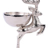 Silver jumping deer decorative bowl with detailed antlers, polished finish, and rectangular base, measuring 11.5 inches high.
