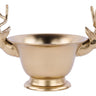 Gold pedestal bowl with sculpted deer heads and branching antlers on both sides, measuring 12.5 inches long and 8.5 inches wide.
