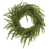 12-inch green cypress wreath with brown pinecones and a rustic grapevine-style base for Christmas and winter decorating.