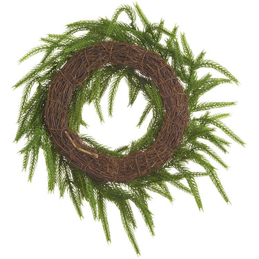 Back side of 12-inch green cypress wreath with brown pinecones and a rustic grapevine-style base for Christmas and winter decorating.