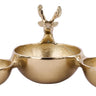 Gold aluminum triple serving bowl with three connected bowls and sculpted deer head accents with antlers, measuring 12 inches long.