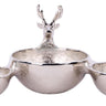 Silver aluminum triple serving bowl with three connected bowls and sculpted deer head accents with antlers, measuring 12 inches long.