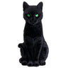 13-inch seated black cat Halloween figurine with a soft flocked finish, sculpted paws, curled tail, and bright green eyes