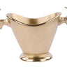 Gold double deer head wine cooler with sculpted antler handles, curved rim, and pedestal base, measuring 17 inches long and 10 inches high.