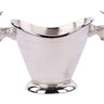 Silver double deer head wine cooler with sculpted antler handles, curved rim, and pedestal base, measuring 17 inches long and 10 inches high.