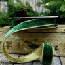 Pine green velvet wired ribbon with a light gold backing on a 1-inch by 10-yard roll.