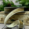 Taupe d. stevens velvet wired ribbon with platinum metallic backing, 1 inch wide by 10 yards, displayed on a spool with shaped ribbon loops.