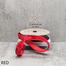 Red d. stevens velvet wired ribbon with coordinating red dupion back, 1 inch wide by 10 yards, displayed on a spool with shaped ribbon loops.