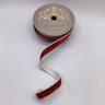 Red velvet wired ribbon with white dupioni backing and white edges on a 1-inch by 10-yard roll.