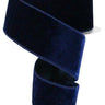 Roll of navy blue velvet ribbon with coordinating satin backing and wired edges, measuring 2.5 inches wide by 10 yards long.