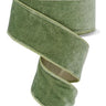 Roll of sage green velvet ribbon with coordinating satin backing and wired edges, measuring 2.5 inches wide by 10 yards long.