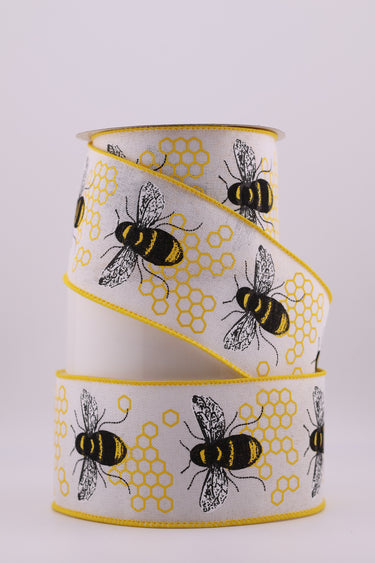 Honey Bee Wired Burlap Ribbon – White, 2.5 Inch x 10 Yards