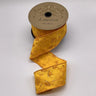 Golden rod dupion ribbon with sequin floral embroidery on spool. 2.5 inches wide by 10 yards long.
