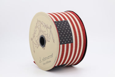 Natural Linen Wired Ribbon with Americana Flag & Star Print – 2.5" x 10 Yards (d. stevens)