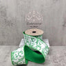 Green and white acanthus scroll taffeta ribbon with wired edges and green backing, 2.5 inches wide by 10 yards long