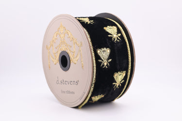 Black Velvet Wired Ribbon with Gold Embroidered Bees – 2.5" x 5 Yards (d. stevens)