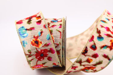 Floral Print Velvet Ribbon - Hot pink/Yellow/Teal - 2.5" x 10yds (D Stevens)