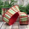 d. stevens Abby Lane plaid wired ribbon in red, apple green, cream, and neutral tones with red backing, 2.5 inches wide by 10 yards, displayed on a spool.